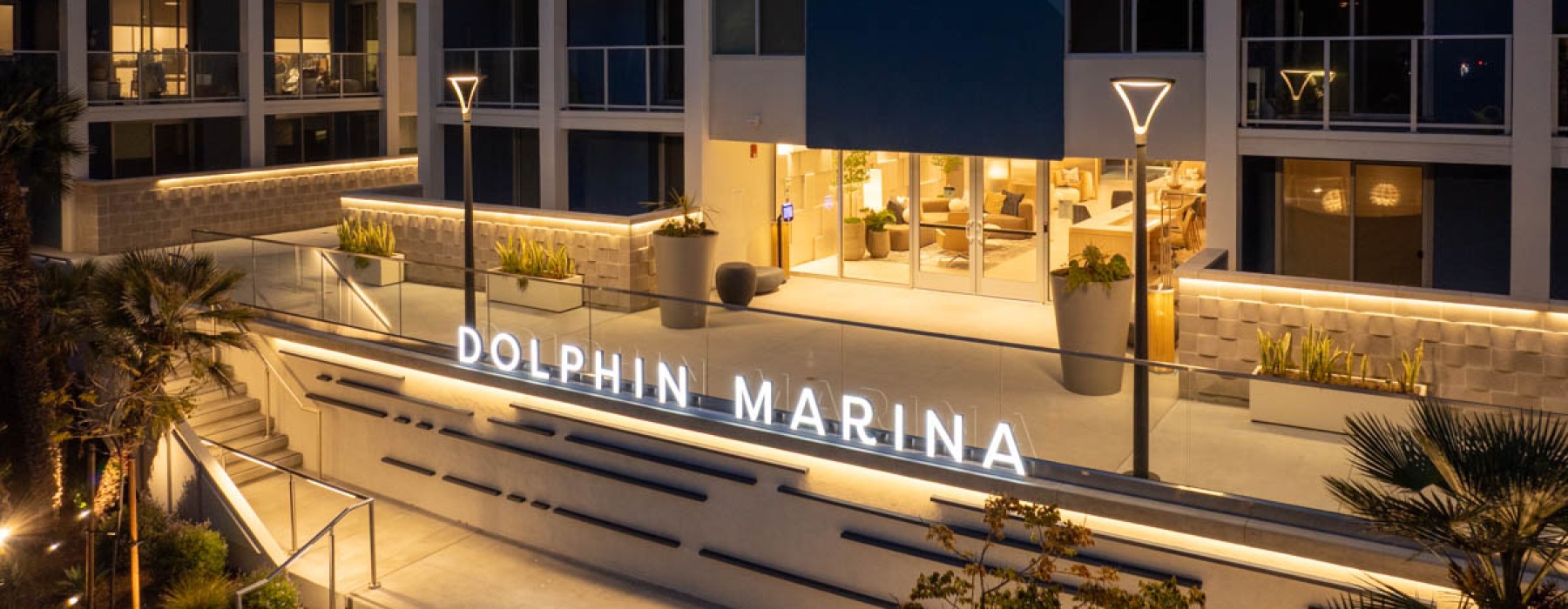 View of the contemporary exterior of Dolphin Marina, Marina Del Rey apartments.