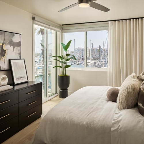 Bedroom options to fit every lifestyle Bedroom overlooking the marina at Dolphin Marina's best apartments in Marina Del Rey